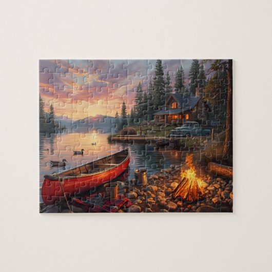 Sunset Lake Cabin Canoe Campfire Scenery Legpuzzel (Horizontaal)