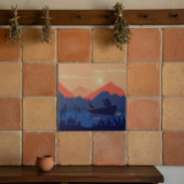 Sunset Lake Canoe Illustration Tegeltje