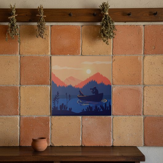 Sunset Lake Canoe Illustration Tegeltje