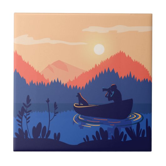Sunset Lake Canoe Illustration Tegeltje (Voorkant)