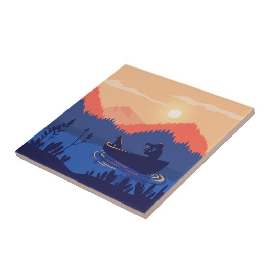 Sunset Lake Canoe Illustration Tegeltje (Zijkant)