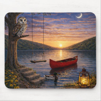 Sunset Lake Owl Canoe Mouse Pad Muismat