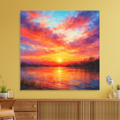 Sunset Lake - Pastel Schilderstijl Kunst Canvas Afdruk (Insitu (Woonkamer))