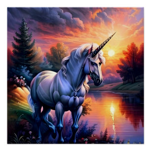 Sunset Lake River Eenhoorn Zeven Perfect Poster