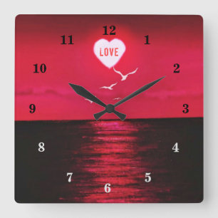 Sunset Liefde - Romantisch - Zwart Rood - Geperson Vierkante Klok