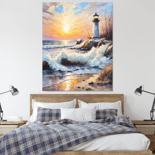 Sunset Lighthouse – Coastal Impressionist Seascape Canvas Afdruk (Insitu (Slaapkamer))