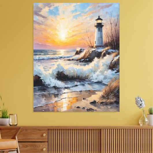 Sunset Lighthouse – Coastal Impressionist Seascape Canvas Afdruk (Insitu (Woonkamer))