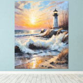 Sunset Lighthouse – Coastal Impressionist Seascape Canvas Afdruk (Insitu (Houten vloer))