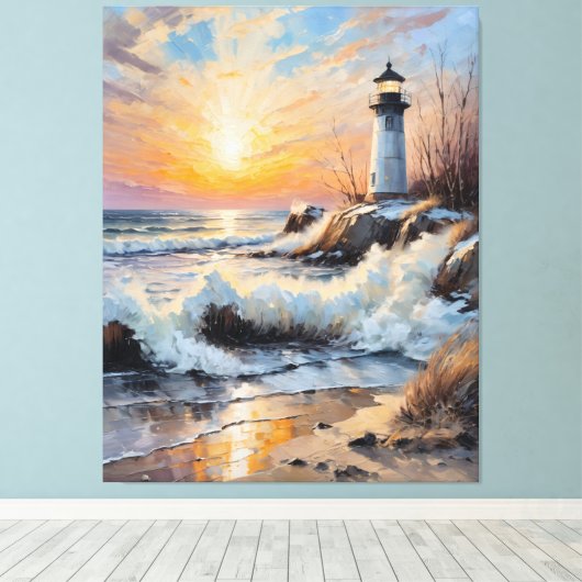 Sunset Lighthouse – Coastal Impressionist Seascape Canvas Afdruk (Insitu (Houten vloer))