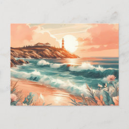 Sunset Lighthouse Ocean Beach Boho Floral Briefkaart