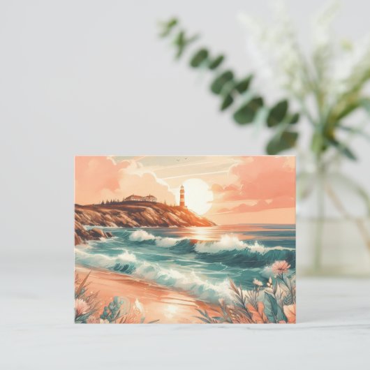 Sunset Lighthouse Ocean Beach Boho Floral Briefkaart (Staand voorkant)