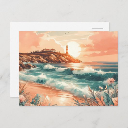 Sunset Lighthouse Ocean Beach Boho Floral Briefkaart (Voorkant / Achterkant)