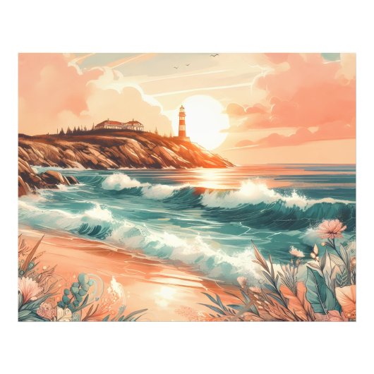 Sunset Lighthouse Ocean Beach Boho Floral Foto Afdruk (Voorkant)