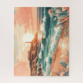 Sunset Lighthouse Ocean Beach Boho Floral Legpuzzel