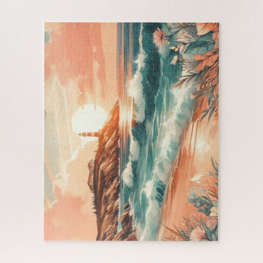 Sunset Lighthouse Ocean Beach Boho Floral Legpuzzel (Verticaal)