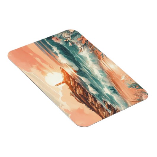 Sunset Lighthouse Ocean Beach Boho Floral Magneet (Rechterzijde)