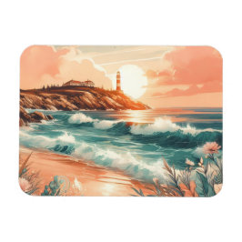 Sunset Lighthouse Ocean Beach Boho Floral Magneet