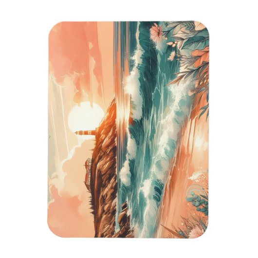 Sunset Lighthouse Ocean Beach Boho Floral Magneet (Verticaal)