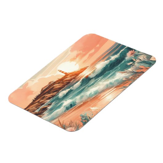 Sunset Lighthouse Ocean Beach Boho Floral Magneet (Linkerzijde)