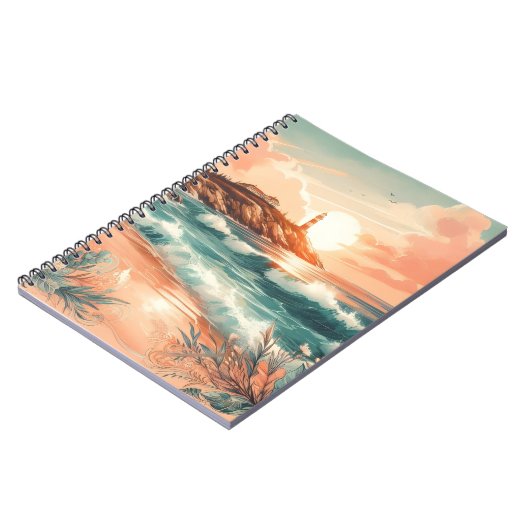 Sunset Lighthouse Ocean Beach Boho Floral Notitieboek (Linkerzijde)