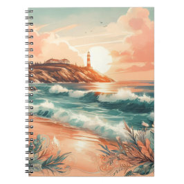 Sunset Lighthouse Ocean Beach Boho Floral Notitieboek