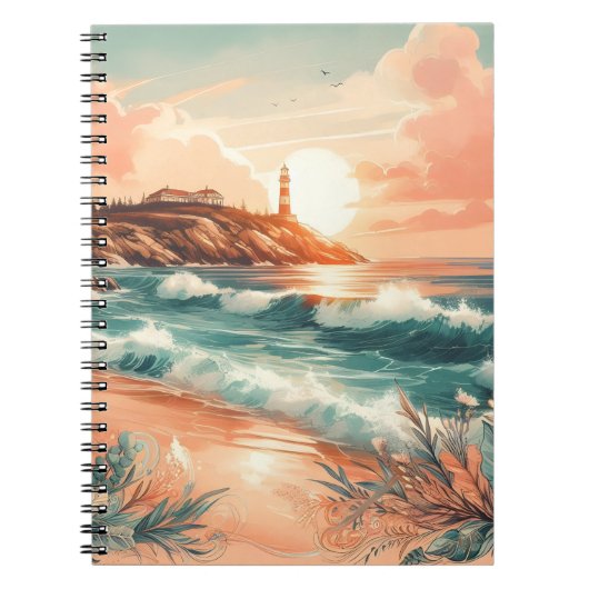 Sunset Lighthouse Ocean Beach Boho Floral Notitieboek (Voorkant)