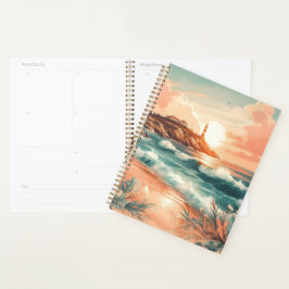 Sunset Lighthouse Ocean Beach Boho Floral Planner