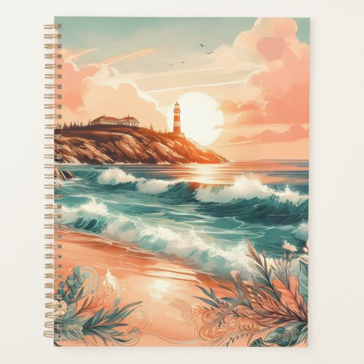 Sunset Lighthouse Ocean Beach Boho Floral Planner (Voorkant)