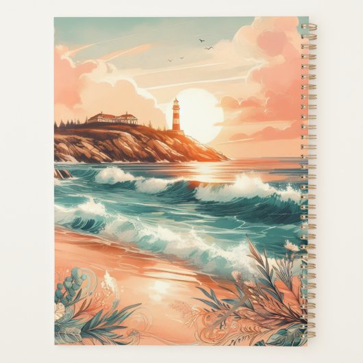 Sunset Lighthouse Ocean Beach Boho Floral Planner (Achterkant)