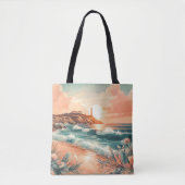 Sunset Lighthouse Ocean Beach Boho Floral Tote Bag (Voorkant)