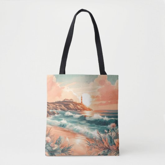 Sunset Lighthouse Ocean Beach Boho Floral Tote Bag (Voorkant)