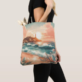 Sunset Lighthouse Ocean Beach Boho Floral Tote Bag (Dichtbij)