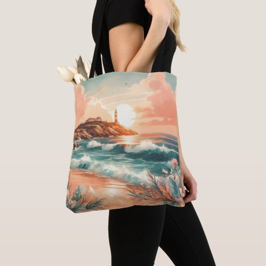 Sunset Lighthouse Ocean Beach Boho Floral Tote Bag (Dichtbij)