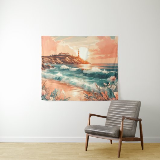 Sunset Lighthouse Ocean Beach Boho Floral Wandkleed (In Situ (horizontaal))