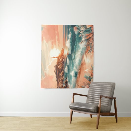 Sunset Lighthouse Ocean Beach Boho Floral Wandkleed (In situ)
