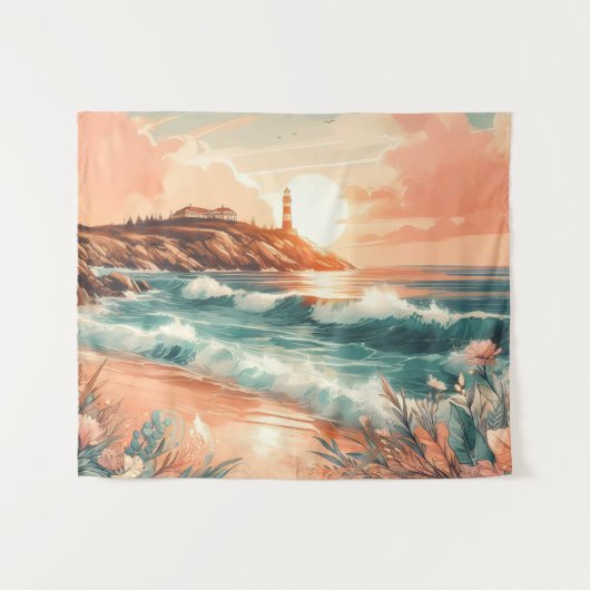 Sunset Lighthouse Ocean Beach Boho Floral Wandkleed (Voorkant (horizontaal))