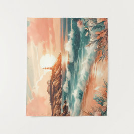 Sunset Lighthouse Ocean Beach Boho Floral Wandkleed