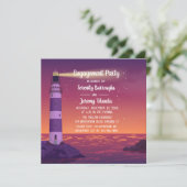 Sunset Lighthouse Paarse Nautical Engagement Party Kaart (Staand voorkant)