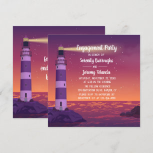 Sunset Lighthouse Paarse Nautical Engagement Party Kaart
