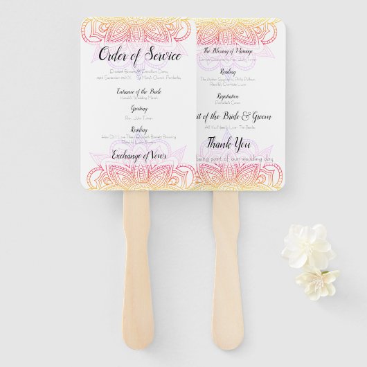 Sunset Mandala Order of Service Fan Handwaaier (Voorkant en achterkant)