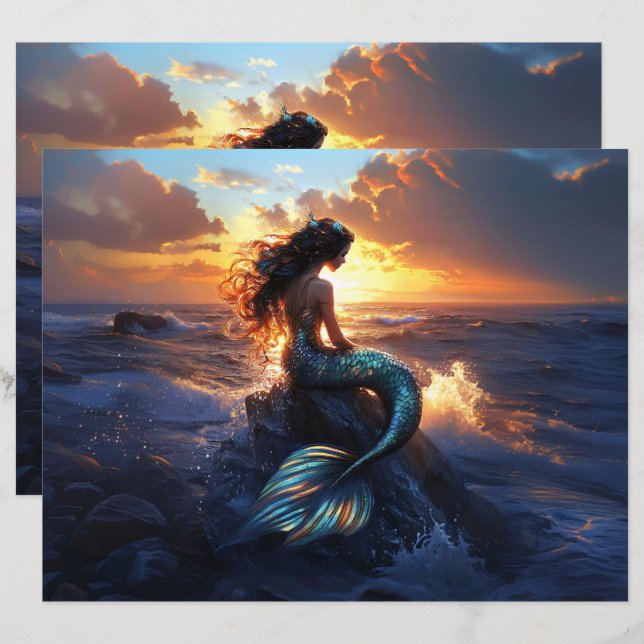 Sunset Mermaid Scrapbook Paper (Voorkant / Achterkant)