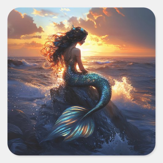 Sunset Mermaid Vierkante Sticker (Voorkant)