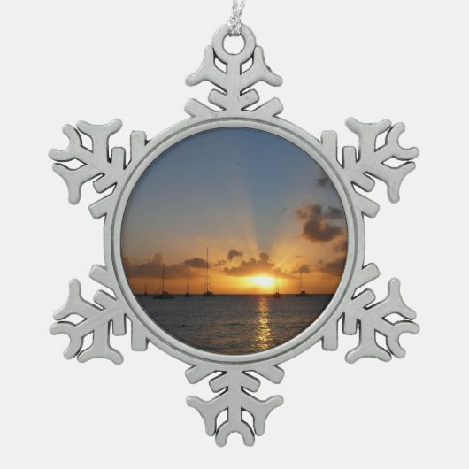 Sunset met Sailships Tropical Landscape Photo Tin Sneeuwvlok Ornament (Voorkant)