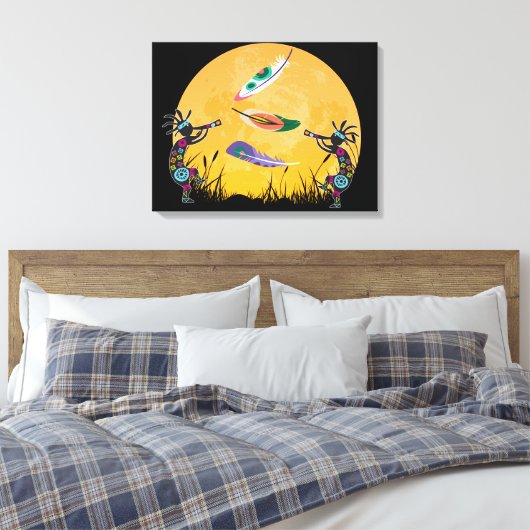 Sunset Moon Kokopelli en Feathers Canvas Afdruk (Insitu (Slaapkamer))