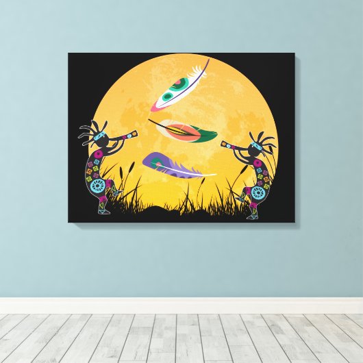 Sunset Moon Kokopelli en Feathers Canvas Afdruk (Insitu (Houten vloer))