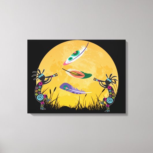Sunset Moon Kokopelli en Feathers Canvas Afdruk (Voorkant)