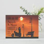 Sunset Motorcycle Couple Save the Date Kaart (Staand voorkant)