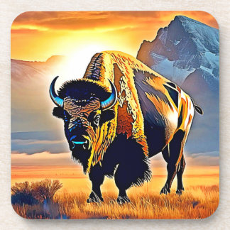 Sunset Mountain Bison Art Design Bier Onderzetter