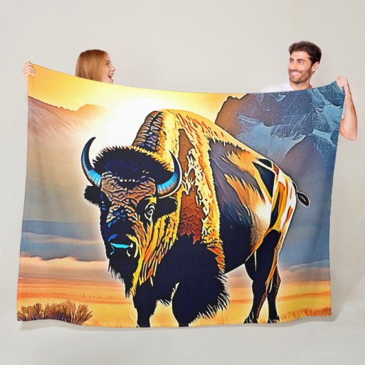 Sunset Mountain Bison Art Design Fleece Deken (In situ)