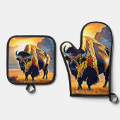 Sunset Mountain Bison Art Design Ovenwant & Pannenlap Set (Voorkant)
